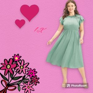 🛑Plain Cap Sleeve Ruffles Trim Mock Neck Pocket Dress